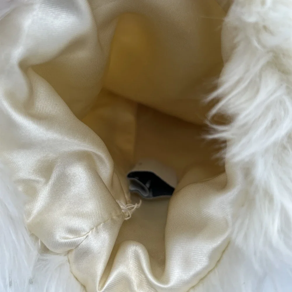 RESTORATION‎ HARDWARE Cream Faux Fur Wine Bag Silky Lining Leather Tie EUC